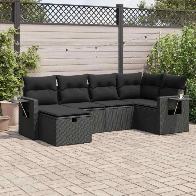 vidaXL 6-delige Loungeset met kussens poly rattan zwart, foto 2