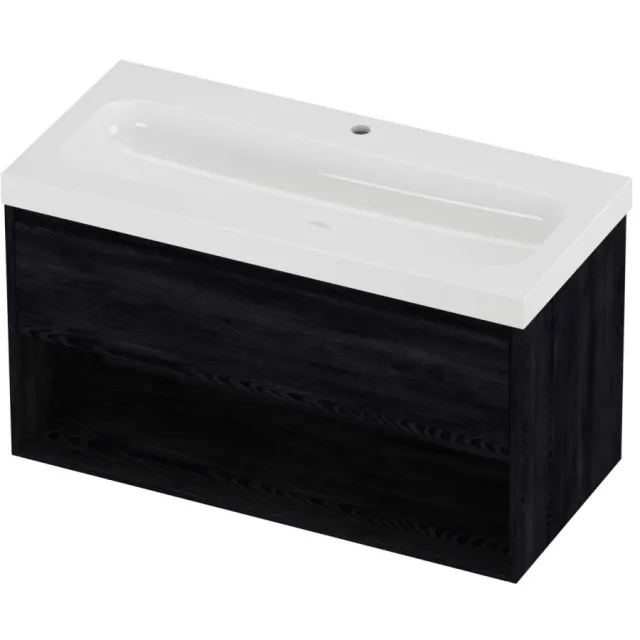 Proline Haga Badmeubelset Polystone Mezza 1 Kraangat Met Schap 100x46x58 cm Glans Wit Black Oak Eiken