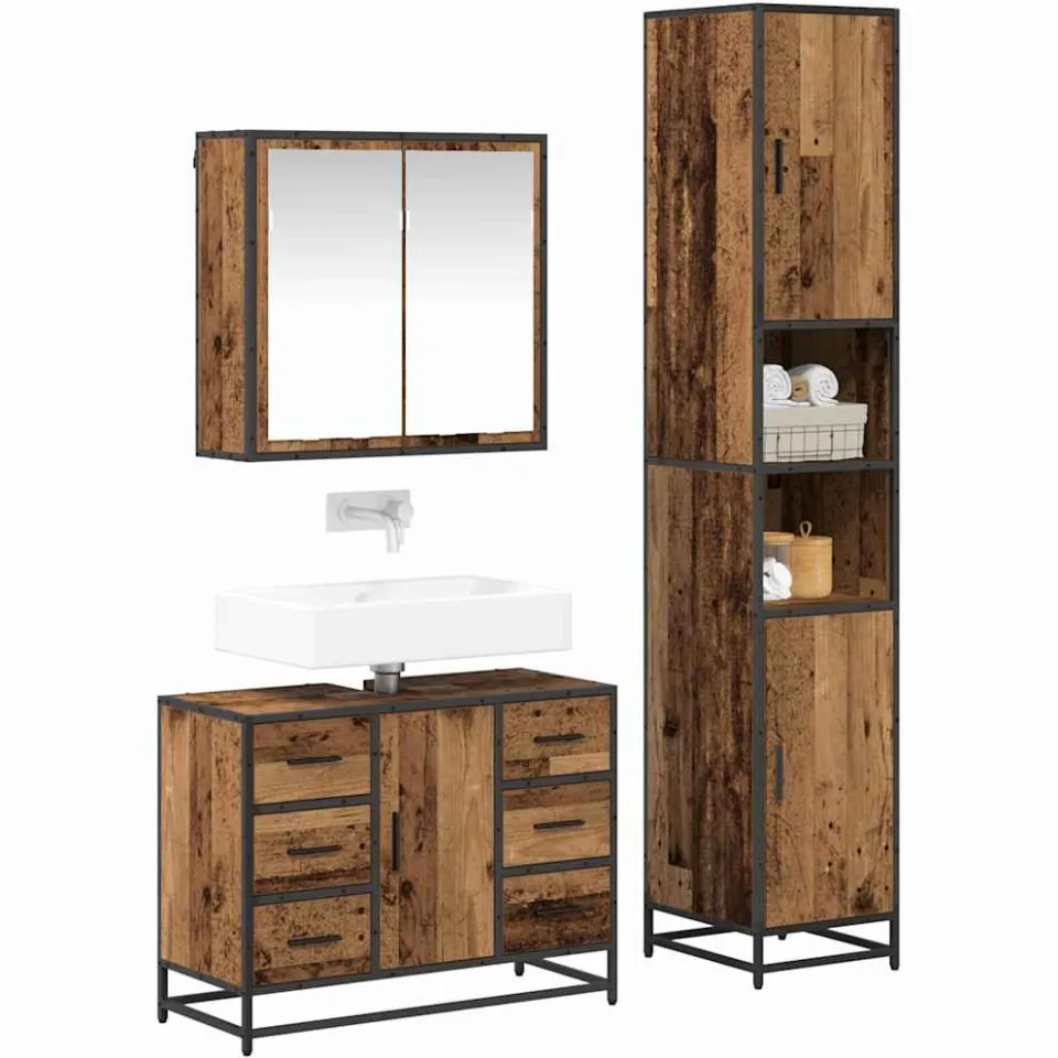vidaXL Badkamermeubelset 3 st Oud Hout 80 x 33 x 60 cm Bewerkt hout Bruin