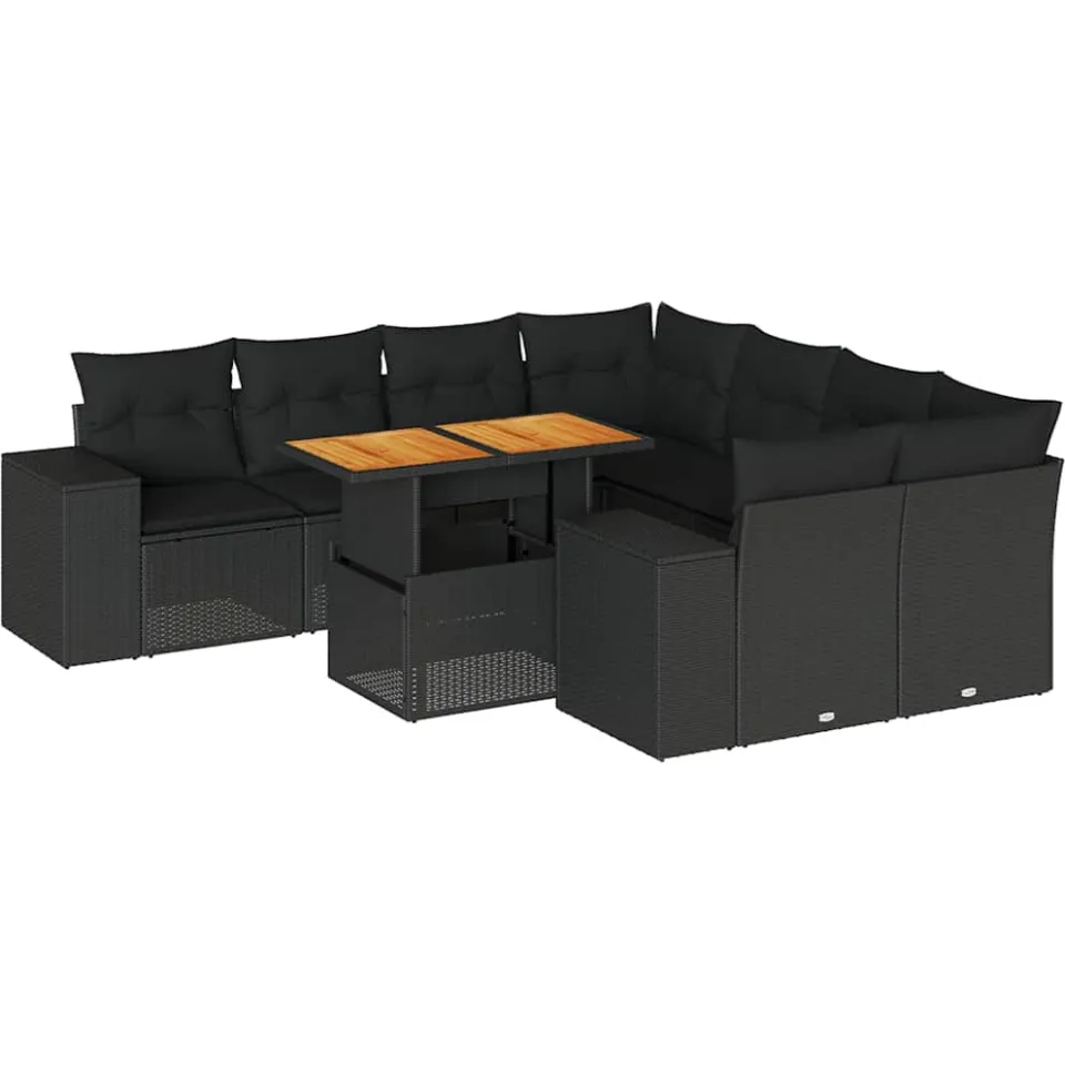 vidaXL 9-delige Loungeset met kussens poly rattan zwart, foto 3