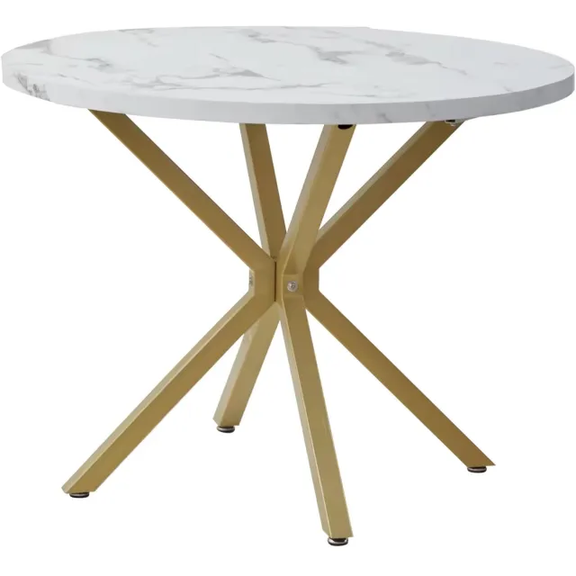 SONNENH Eettafel - Marmerlook met stalen onderstel - 100 x 100 x 76,5 cm - Wit/goudkleurig