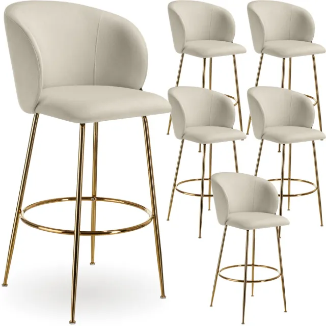 Tectake Set van 6 Barkrukken Luana - Gestoffeerde Barkruk met rugleuning - Barstoelen - Barstoel met voetensteun - Eetkamerstoel met fluwelen bekleding - Stevige stalen poten met antislip vloerbescherming - Crème/goud creme/goud