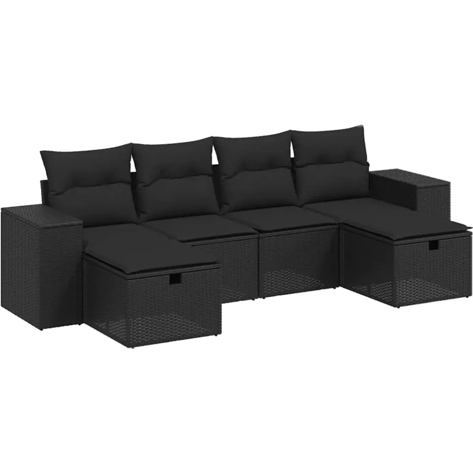 vidaXL 6-delige Loungeset met kussens poly rattan zwart, foto 3
