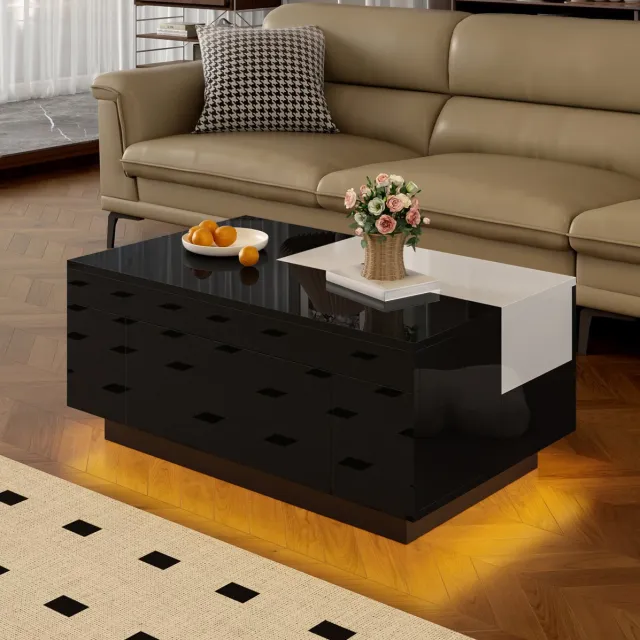 HAUSS SPOLE Salontafel - Hoogglans Met Ledverlichting En Uitschuifbaar Blad - Voor Moderne Woonkamer - MDF - 80x50x35,5 Cm - Zwart Wit