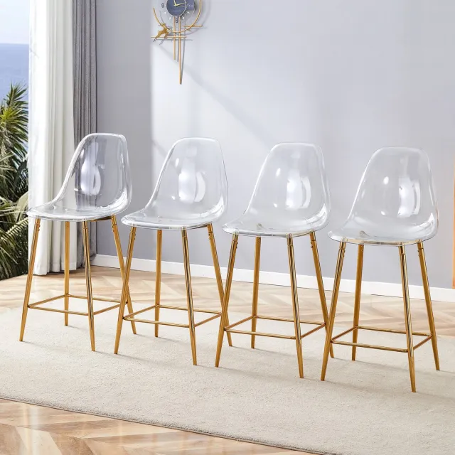 OKWISH Barkruk Set van 4 - Transparante Zitting Met Rugleuning En Metalen Onderstel - Voor Keuken Bar En Eetkamer - Kunststof - Goud