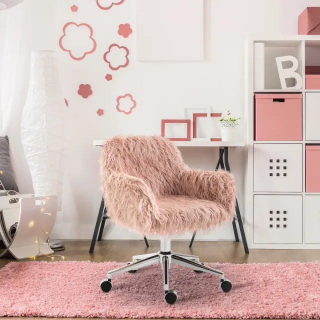 MODFU Bureaustoel - In Hoogte Verstelbaar En Draaibaar - Elegant - Nylon En Kunstbont - Roze En Zilver