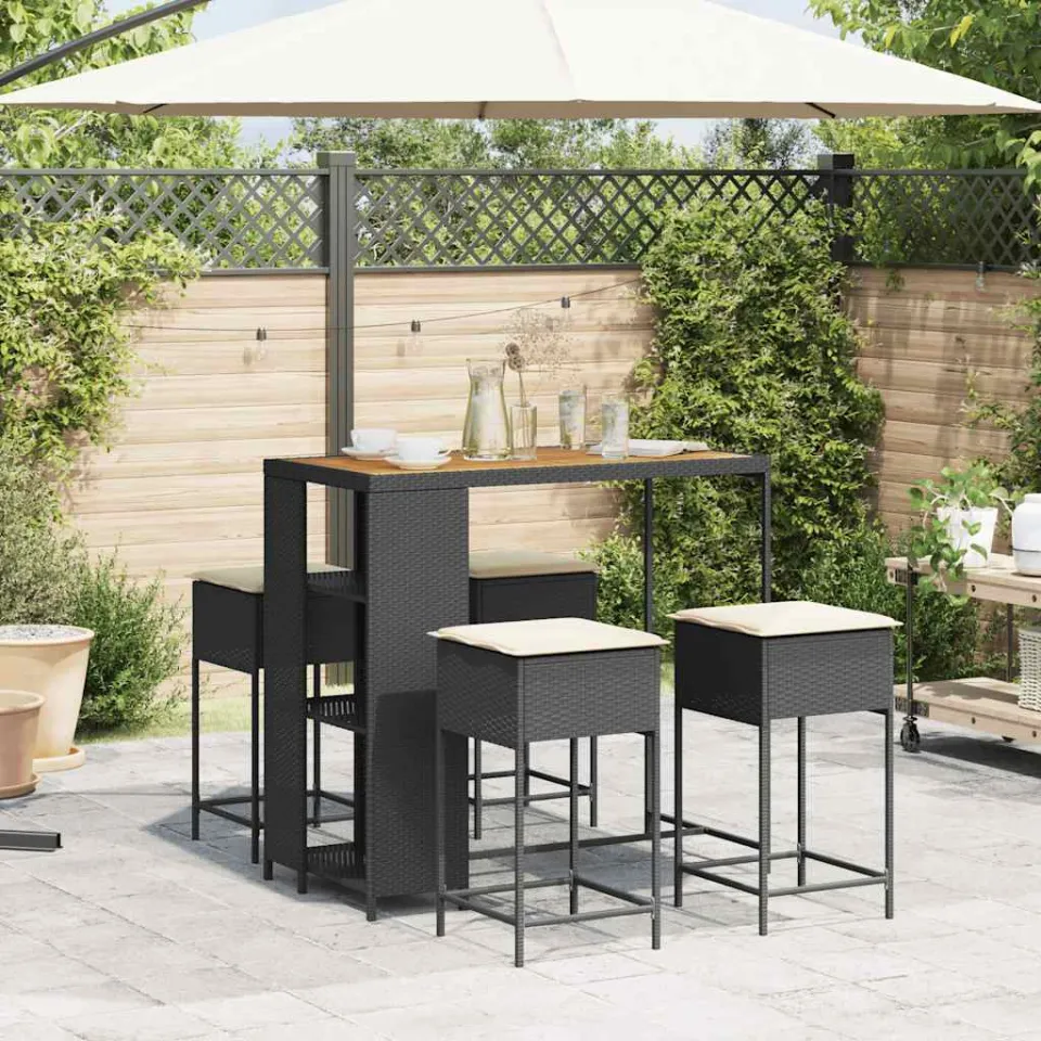 vidaXL 5-delige Tuinbarset met kussens poly rattan zwart, foto 3
