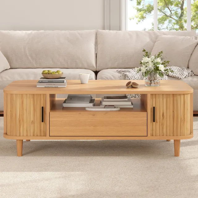 DantefHandels Naturelkleur 100×50×35cm salontafel woonkamertafel met 1 lade en 2 rolschuifdeuren, met open opbergruimte, tafelpoten van hout, van MDF tot 30kg draagvermogen bijzettafel, salontafel, salontafel
