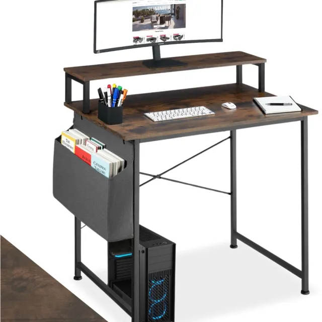 Tectake Bureau met opbergtas en monitorstandaard - Computerbureau - Houten bureaublad - Industrieel design - Zwart metalen frame - Afmetingen (LxBxH) 80 x 55x 90 cm - Donkerbruin