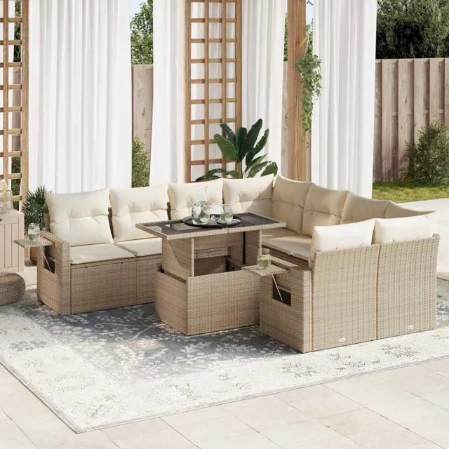 vidaXL 9-delige Loungeset met kussens poly rattan beige, foto 2