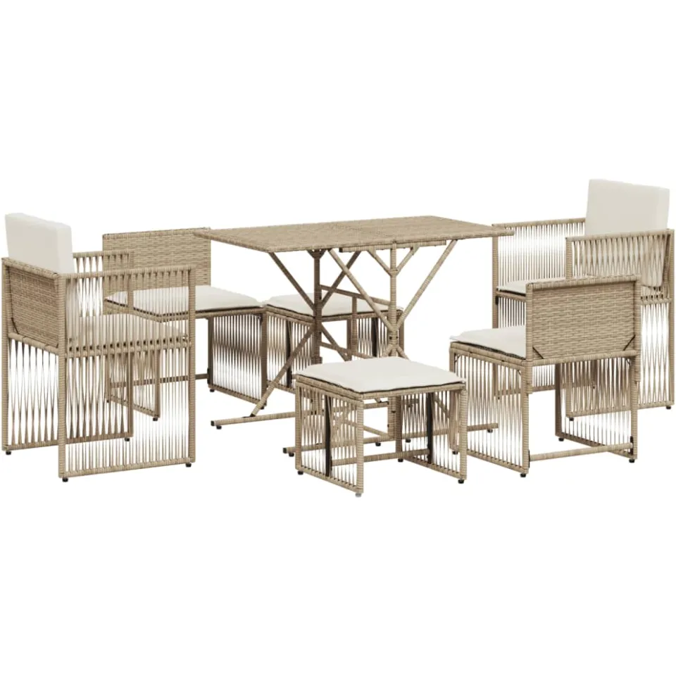 vidaXL 7-delige Tuinset met kussens poly rattan beige