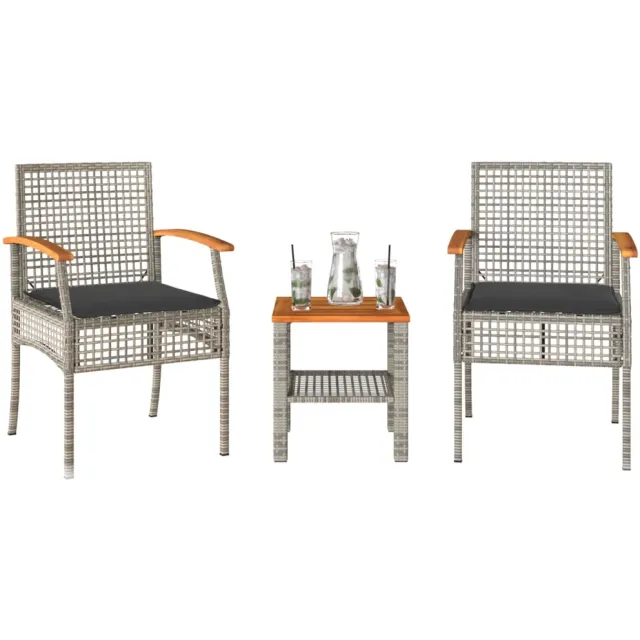 vidaXL 3-delige Bistroset met kussens poly rattan en acaciahout grijs