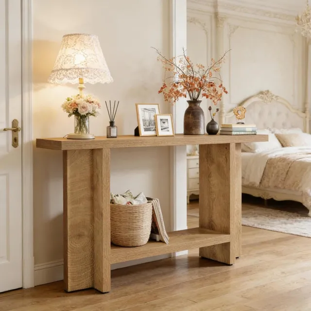REDOM Sidetable - Dubbele plank - Rechthoekig - Extra opbergruimte - Landelijke stijl - Hal en woonkamer - MDF - Bruin - 150 x 30 x 80 cm