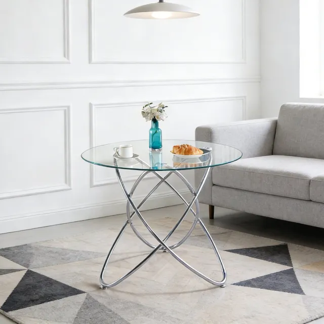 MEUNIQ ronde eettafel 80 cm van glas en metaal met chromen onderstel, modern design voor woonkamer of keuken
