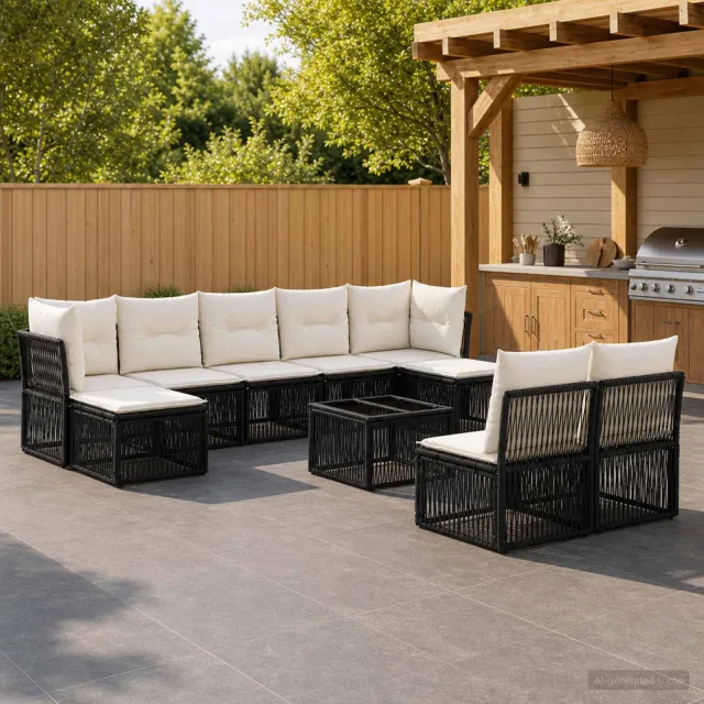 vidaXL Tuinbankenset 10 st 9-zits Zwart poly rattan, foto 2
