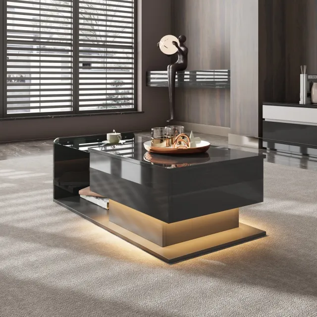 MEUNIQ Salontafel 100 x 50 cm met verstelbaar glazen blad, LED-verlichting en open en verborgen opbergruimte voor woonkamer, hoogglans zwart