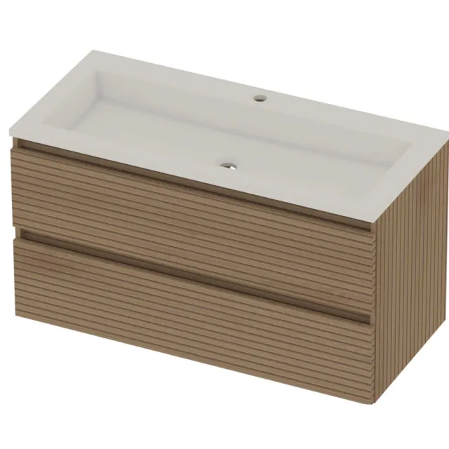 Basic-Line Aura 46 Badmeubelset Acryl 1 Kraangat Greeploos 100x46x54 cm Lamello Oak Glans Wit