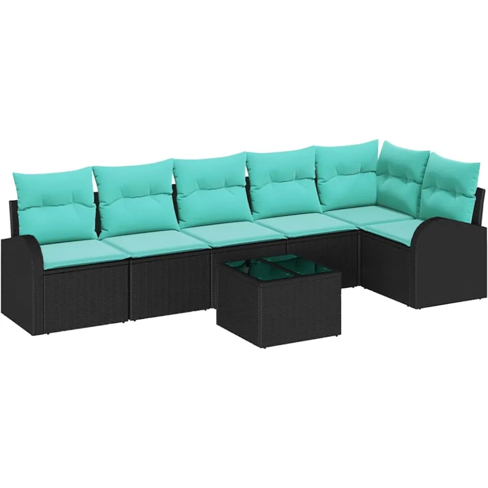 vidaXL Tuinbankenset 7 st Zwart en Turquoise poly rattan