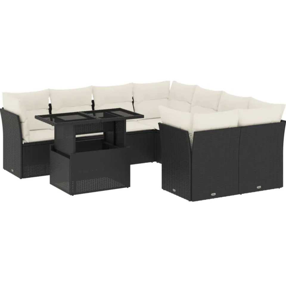 vidaXL 9-delige Loungeset met kussens poly rattan zwart, foto 3