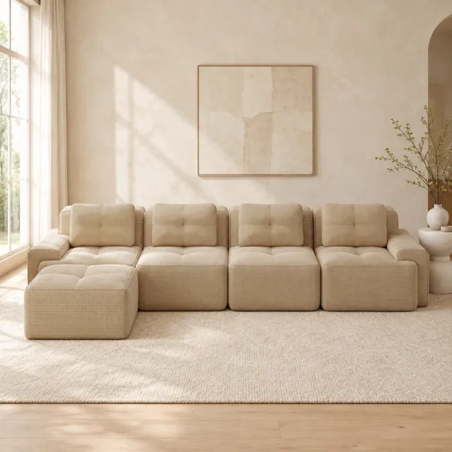 WUVRIE Modulaire hoekbank 382x177 cm - 4-zits met L-vormige chaiselongue - Beige