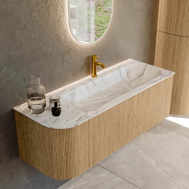 Mondiaz KURVE-DLUX 125 cm Onderkast Greeploos 1 Lade Met Deuren Oak, Wastafel Solid Surface Rechts Glace 1 Kraangat Zonder Spiegel (KRVBGM125L1L1D1KR-Oak/Gla)