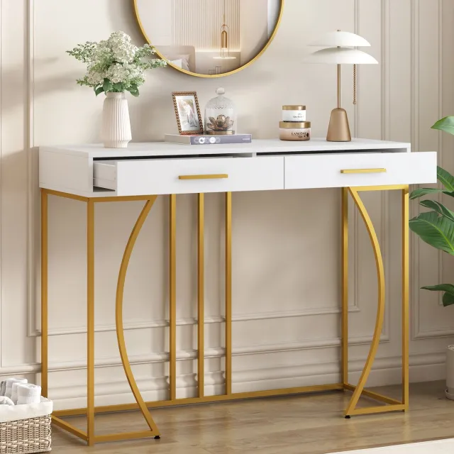 REDOM Console tafel van MDF met metalen onderstel, wit met vergulde handgrepen, lade & verstelbare poten