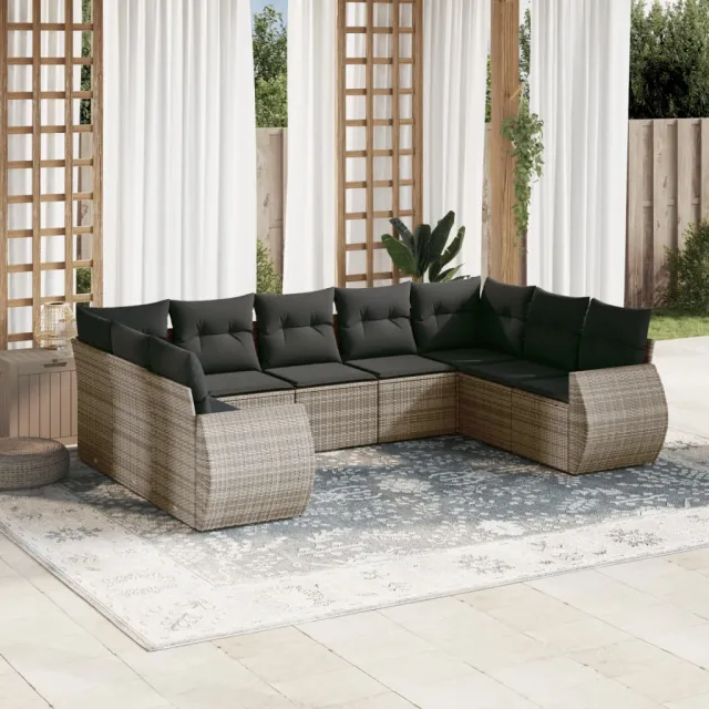 vidaXL 9-delige Loungeset met kussens poly rattan grijs, foto 2