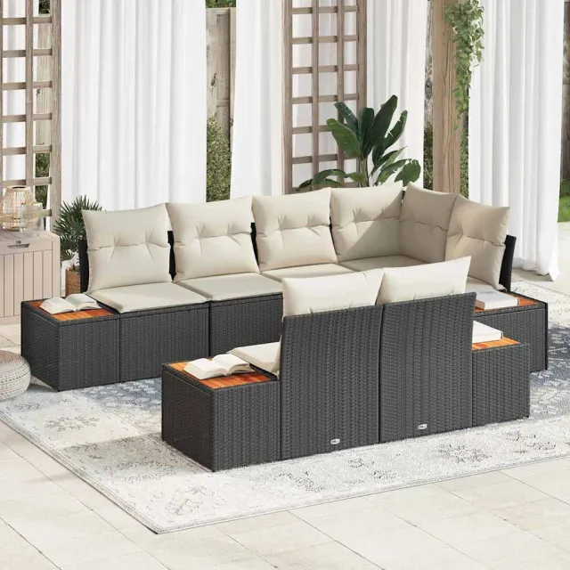 vidaXL Tuinbankenset 7 st Zwart en Crème poly rattan, foto 2
