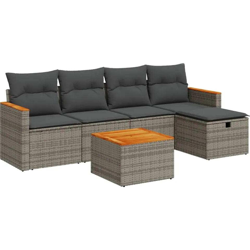 vidaXL 6-delige Loungeset met kussens poly rattan grijs, foto 3