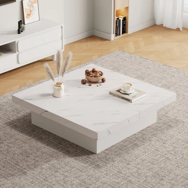 MODFU Witte vierkante salontafel marmerlook 90x90x25 cm met 4 lades en schuifbaar tafelblad, draagkracht 30 kg