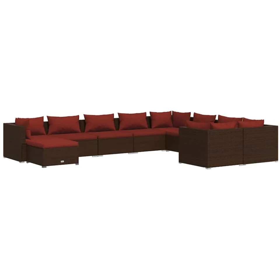 vidaXL 10-delige Loungeset met kussens poly rattan bruin, foto 3