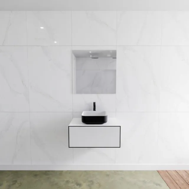 Mondiaz Badkamermeubelset Mondiaz LAGOM 70 cm Topblad met Gecentreerde Wastafel Solid Surface Opzetkom Binx met 1 Kraangat Mat Zwart (1 lade)
