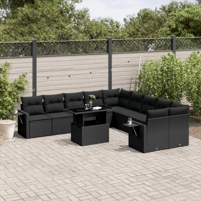 vidaXL 11-delige Loungeset met kussens poly rattan zwart, foto 2