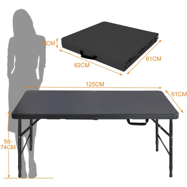 MEUNIQ Opvouwbare picknicktafel 125 x 61 cm met handgreep, verstelbare hoogte 58-74 cm, zwart, voor camping, tuin en binnen