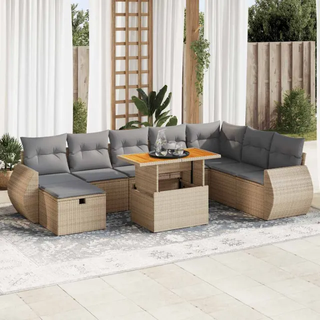 vidaXL 9-delige Loungeset met kussens poly rattan acacia beige, foto 2