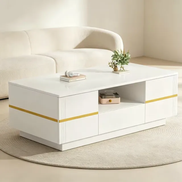 MIVRAY Salontafel - Hoogglans Tafel Met Opbergruimte En Lade - Voor Woonkamer En Zitruimte - MDF - 100x50x35,5 Cm - Wit Met Goud