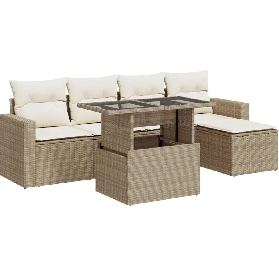 vidaXL 6-delige Loungeset met kussens poly rattan beige, foto 3