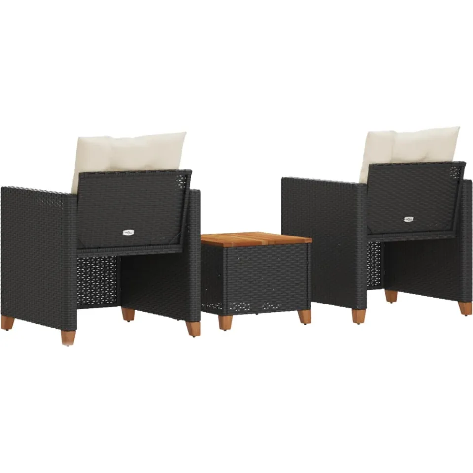 vidaXL 3-delige Bistroset met kussens poly rattan en acaciahout zwart, foto 4