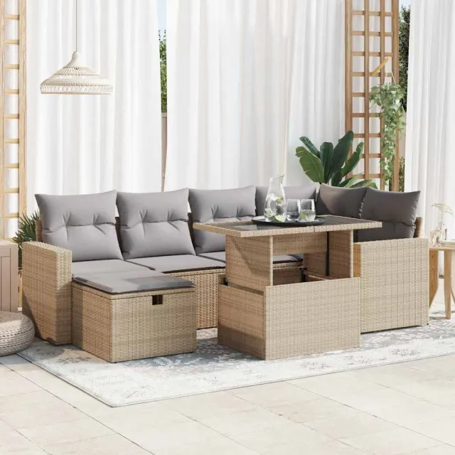 vidaXL 7-delige Loungeset met kussens poly rattan beige, foto 2