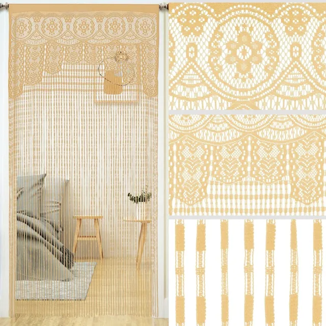 Cyslmuk Deurgordijn van macramékant, bohemian gordijnen voor deuropeningen, kamerscherm, hippie raamgordijn, kamerscherm, wandgordijn, kastgordijnen voor slaapkamer,kastdeur,slaapkamer,keuken,decoratie (35×79 inch / 90×200 cm,1 stuk Champagnekleur)| Cyslmuk®