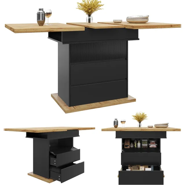 Merax Uitschuifbare eettafel 110-140x80x75 cm - uitschuifbare keukentafel met drie opbergplanken - zwart