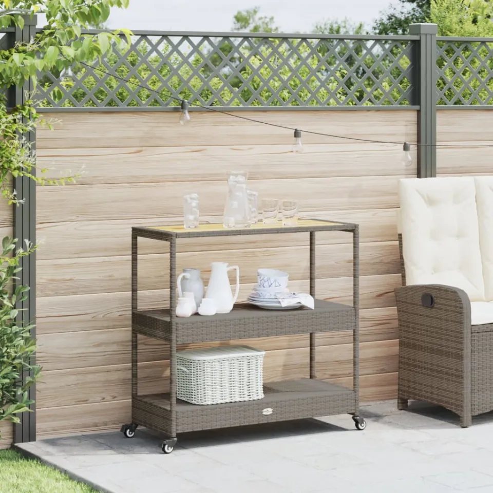 vidaXL Keukentrolley 3-laags poly rattan en massief acaciahout grijs, foto 3