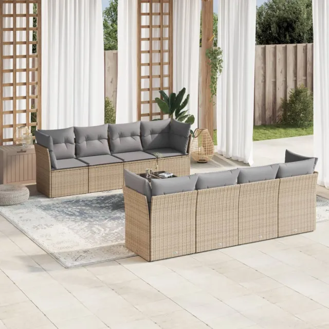 vidaXL 9-delige Loungeset met kussens poly rattan beige, foto 2