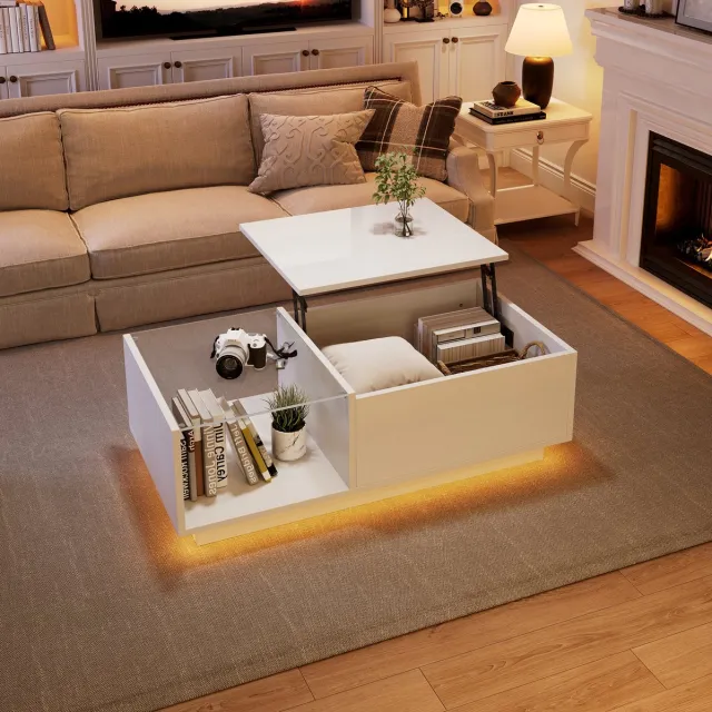 COVREO Salontafel 100x50x33-46,5 cm - wit, hoogglans, met LED en verborgen opbergruimte