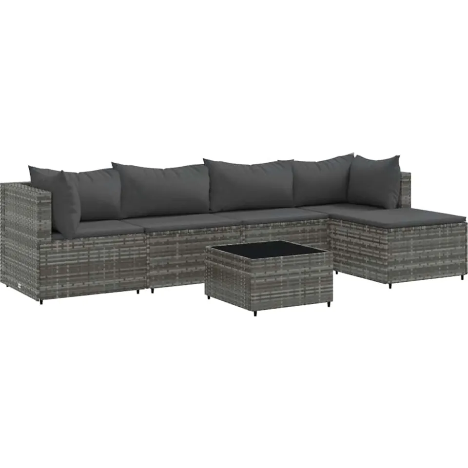 vidaXL 6-delige Loungeset met kussens poly rattan grijs