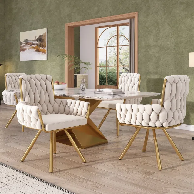 COVREO Eetkamerstoel set van 4 - beige velvet, draaibaar, met armleuningen en metalen onderstel
