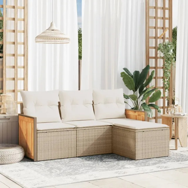 vidaXL 4-delige Loungeset met kussens poly rattan beige, foto 2