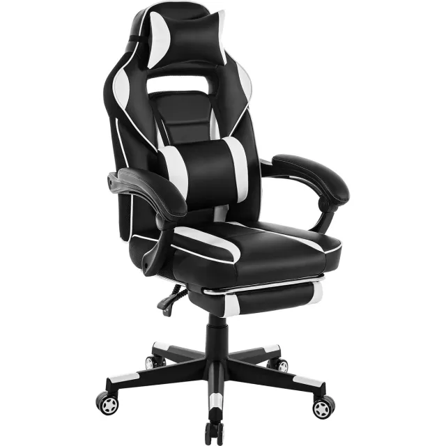 Triumpunpre Ergonomische Gamingstoel PU-Leder Met Voetensteun - Massage Lendenkussen - 150° Recliner, 360 Graden Draaibare Gamestoel - Voor Thuis En Kantoor - PU|Zwart-Wit