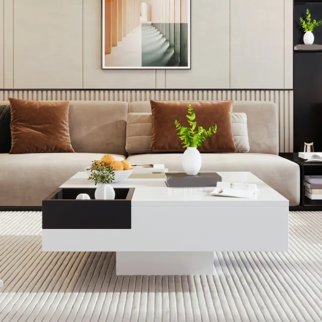 COVREO Salontafel 72x72x30 cm - hoogglans wit en zwart, afneembare opbergbox, LED-lichteffect White