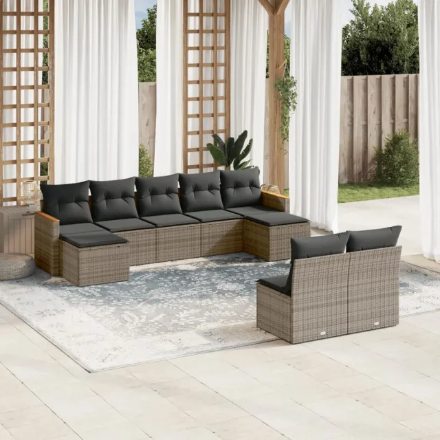 vidaXL 9-delige Loungeset met kussens poly rattan grijs, foto 2